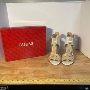 Guess Gwhyanne tan/ white leather t-strap heel sandal size 7